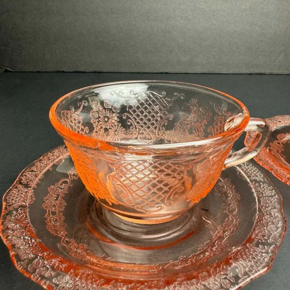 Vintage Pink Glass Set of 2 Cup Saucer